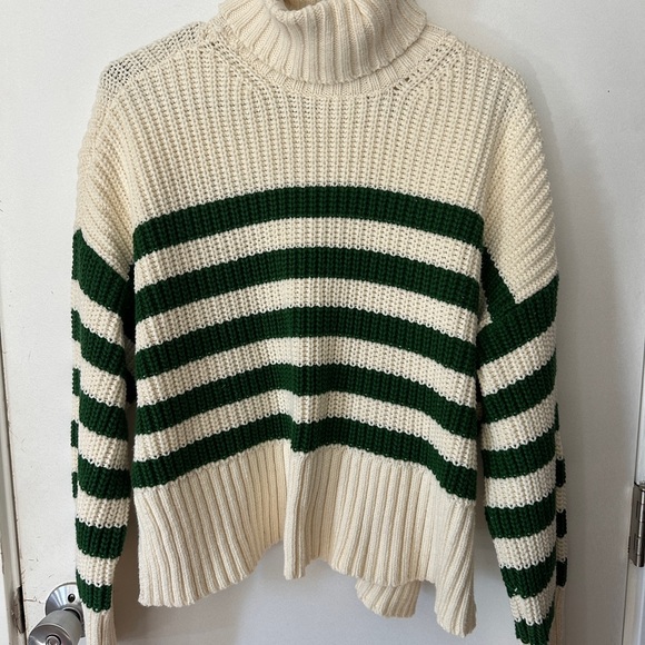 Madewell Cream and Forest Green Striped Turtleneck Cableknit Sweater - Picture 3 of 8